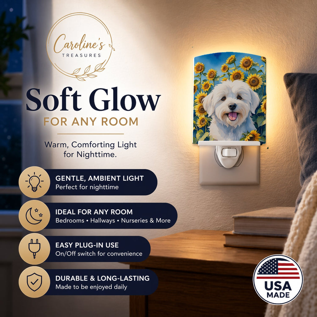Coton de Tulear in Sunflowers Ceramic Night Light Compact, UL-Certified, Ideal for Bedroom, Bathroom, Nursery, Hallway, Kitchen, 6x4x3, Multicolor