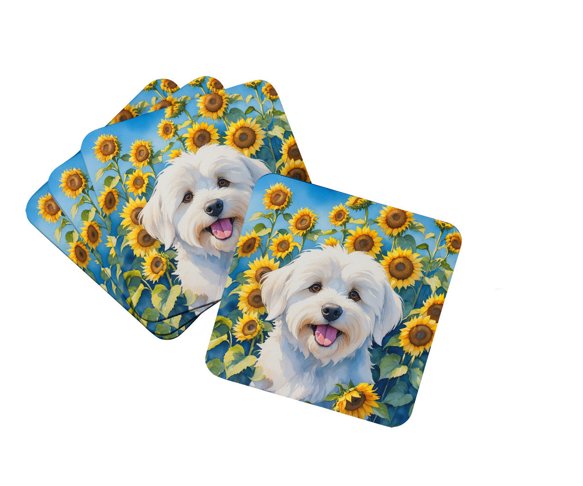 Coton de Tulear in Sunflowers Foam Coasters Set of 4 Cup Coasters for Indoor Outdoor, Tabletop Protection, Anti Slip, Mouse pad Material