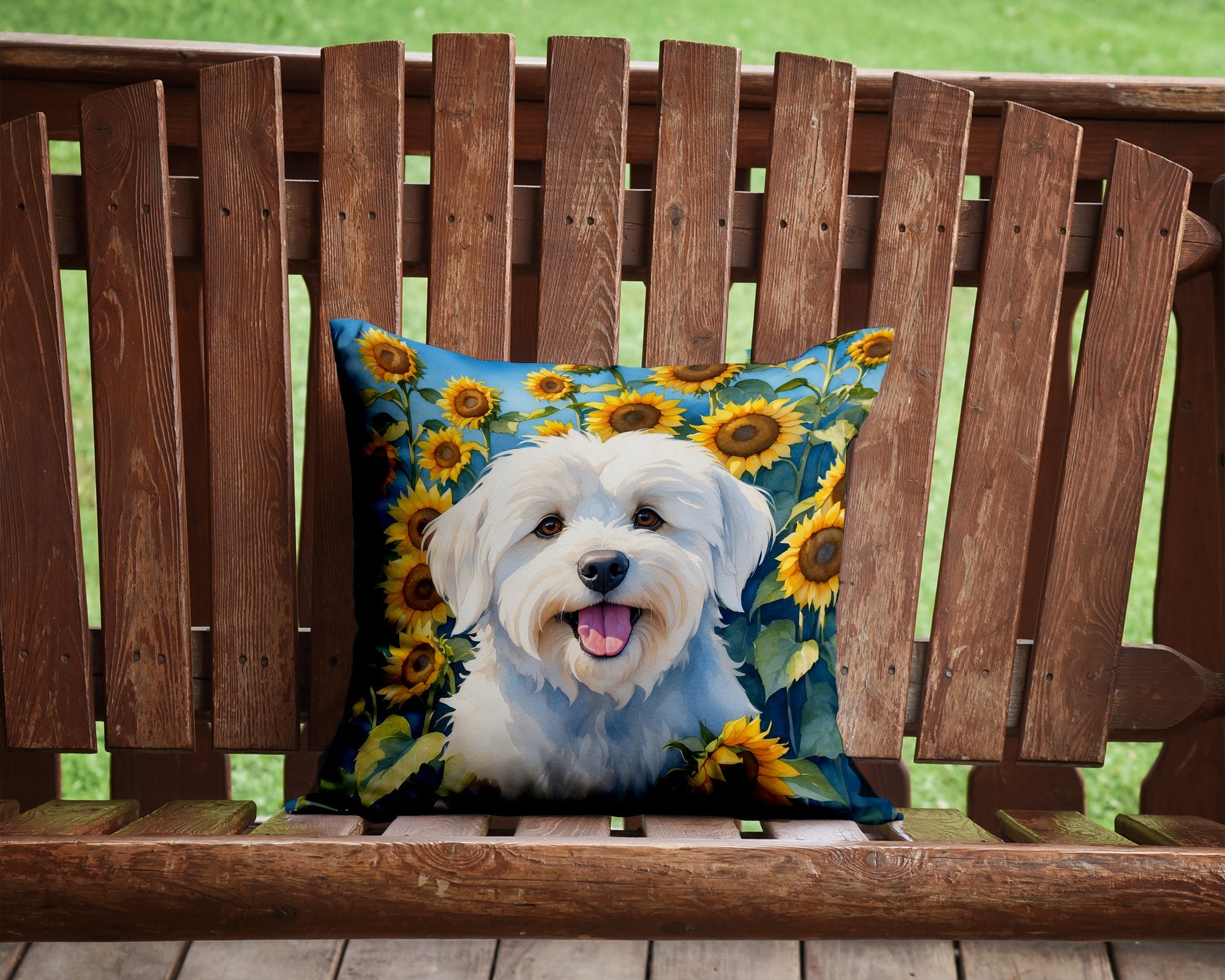 Coton de Tulear in Sunflowers Decorative Throw Pillow 14x14 Indoor Outdoor Accent Cushion, Fabric Cover with Insert for Sofa, Bed, Porch & Living Room