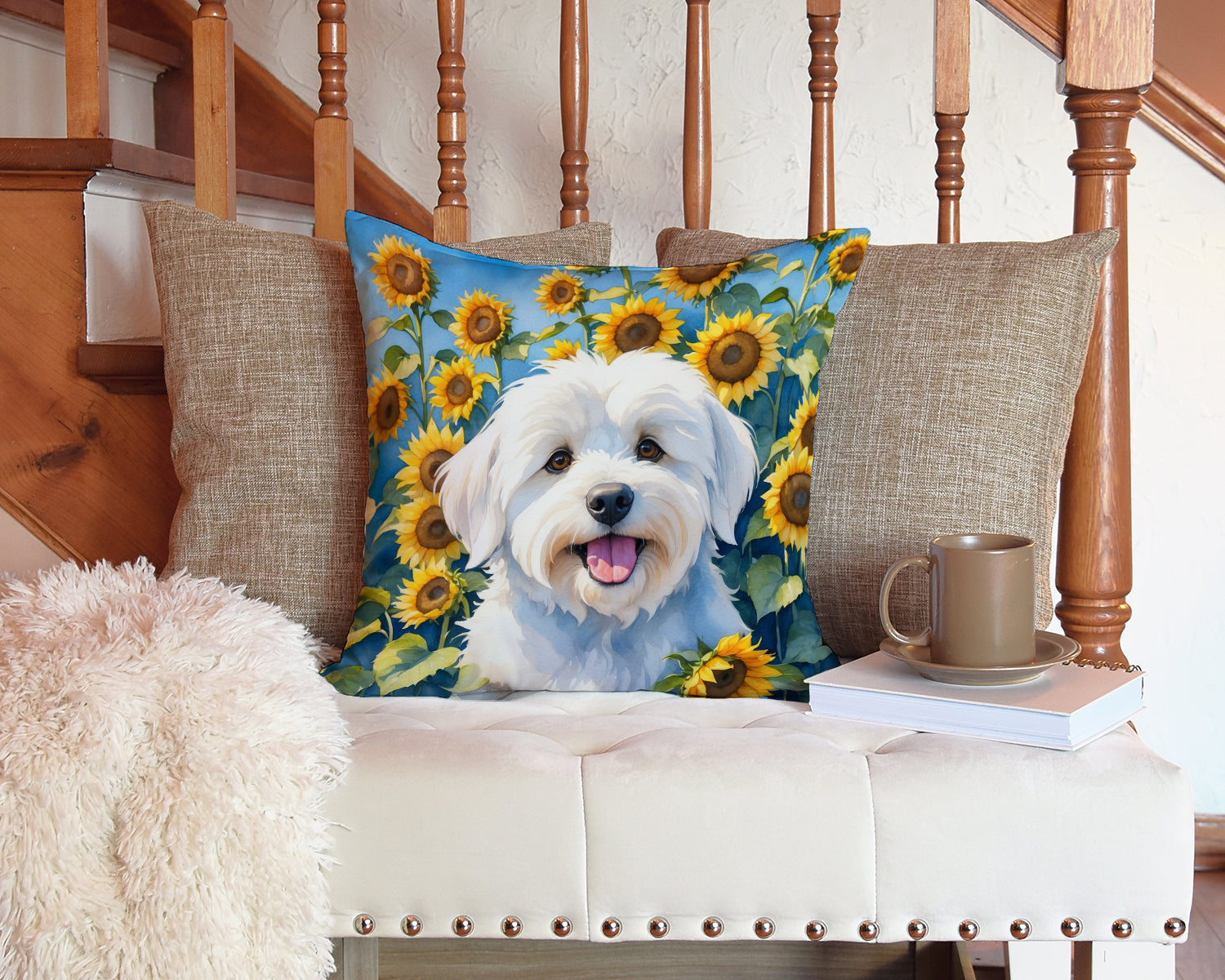 Coton de Tulear in Sunflowers Decorative Throw Pillow 14x14 Indoor Outdoor Accent Cushion, Fabric Cover with Insert for Sofa, Bed, Porch & Living Room