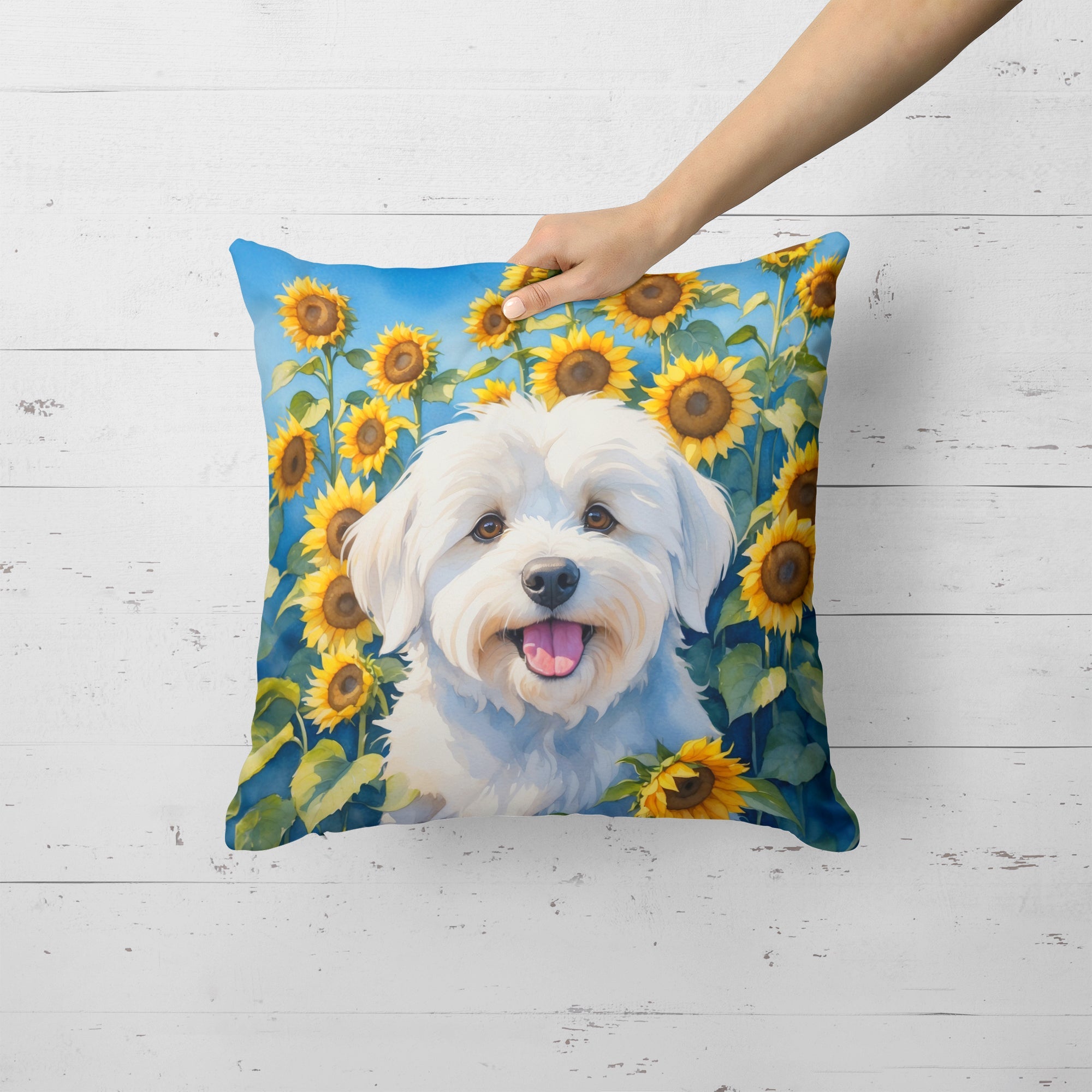 Coton de Tulear in Sunflowers Decorative Throw Pillow 18x18 Indoor Outdoor Accent Cushion, Fabric Cover with Insert for Sofa, Bed, Porch & Living Room