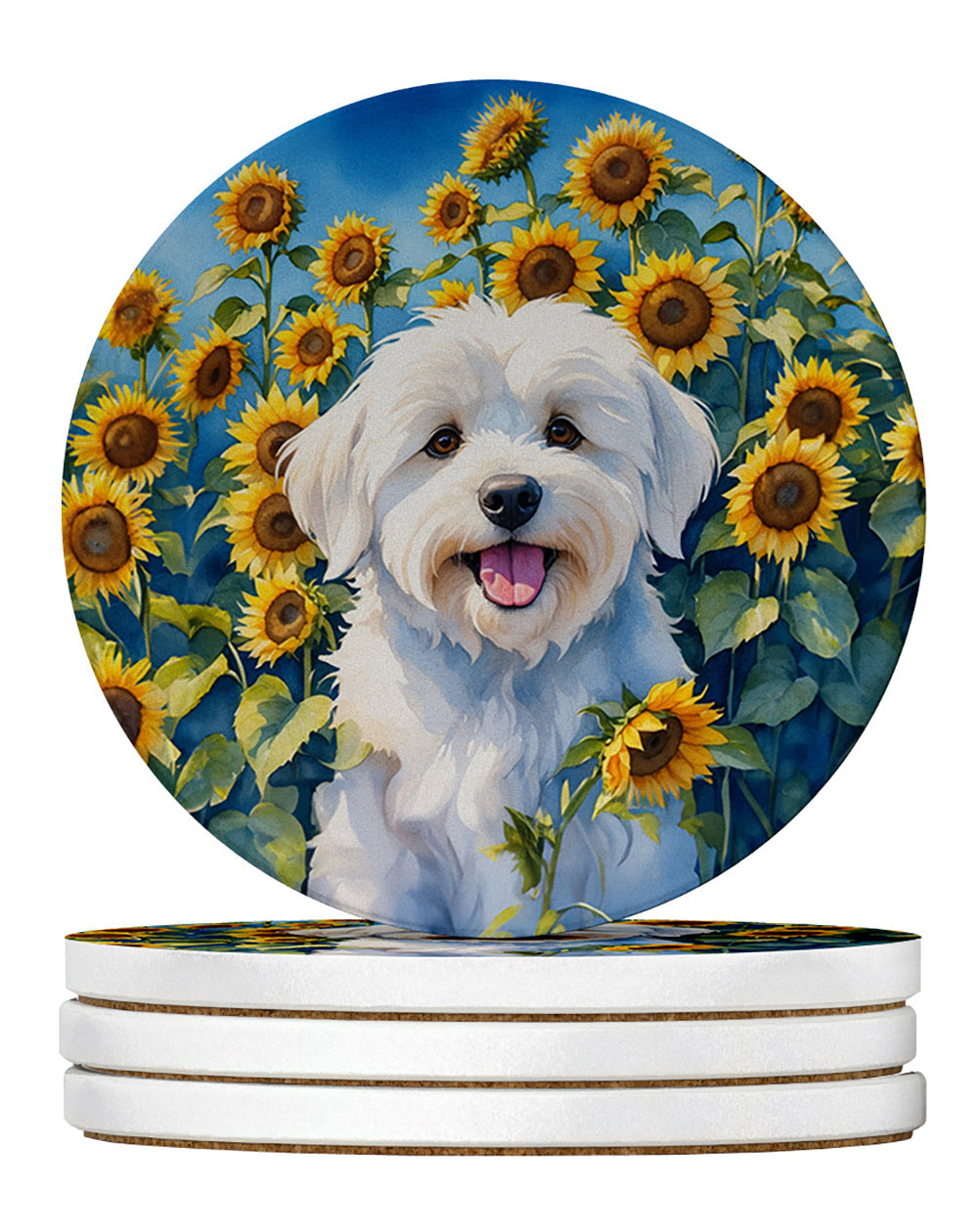 Coton de Tulear in Sunflowers Large Sandstone Coasters Pack of 4 Absorbent Round Coasters Decor Gifts for Men or Women, 4 in, Multicolor
