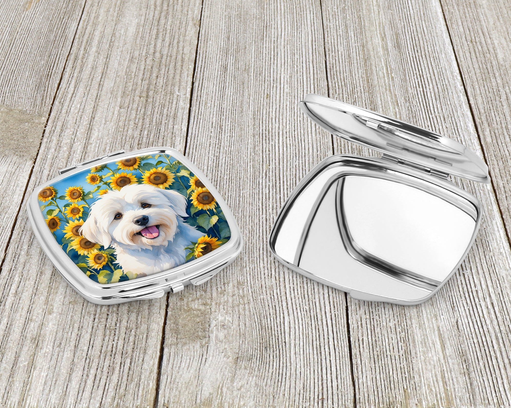 Coton de Tulear in Sunflowers Compact Mirror Decorative Travel Makeup Mirror for Women Girls Gifts Pocket Makeup Mirror Folding Handheld
