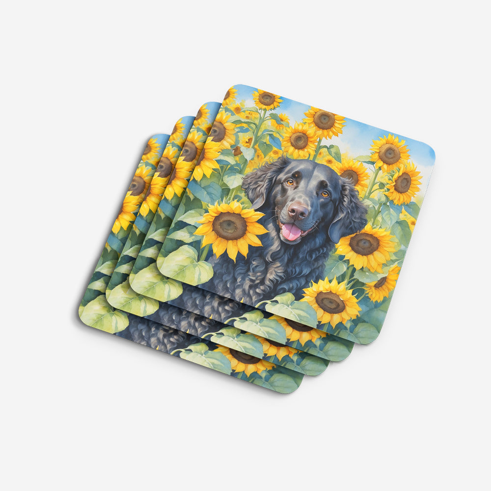 Curly-Coated Retriever in Sunflowers Foam Coasters Set of 4 Cup Coasters for Indoor Outdoor, Tabletop Protection, Anti Slip, Mouse pad Material