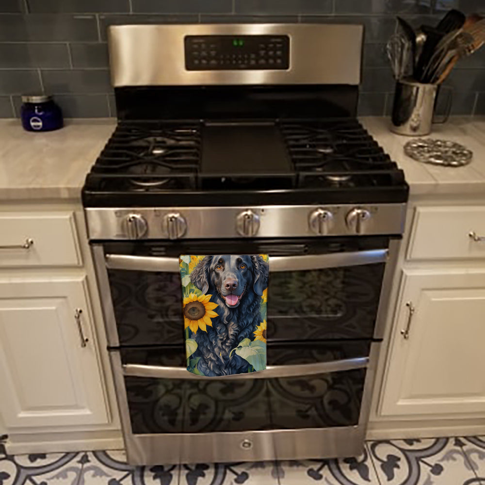 Curly-Coated Retriever in Sunflowers Kitchen Towel Velour Plush Front and Cotton Loop Back Machine Washable