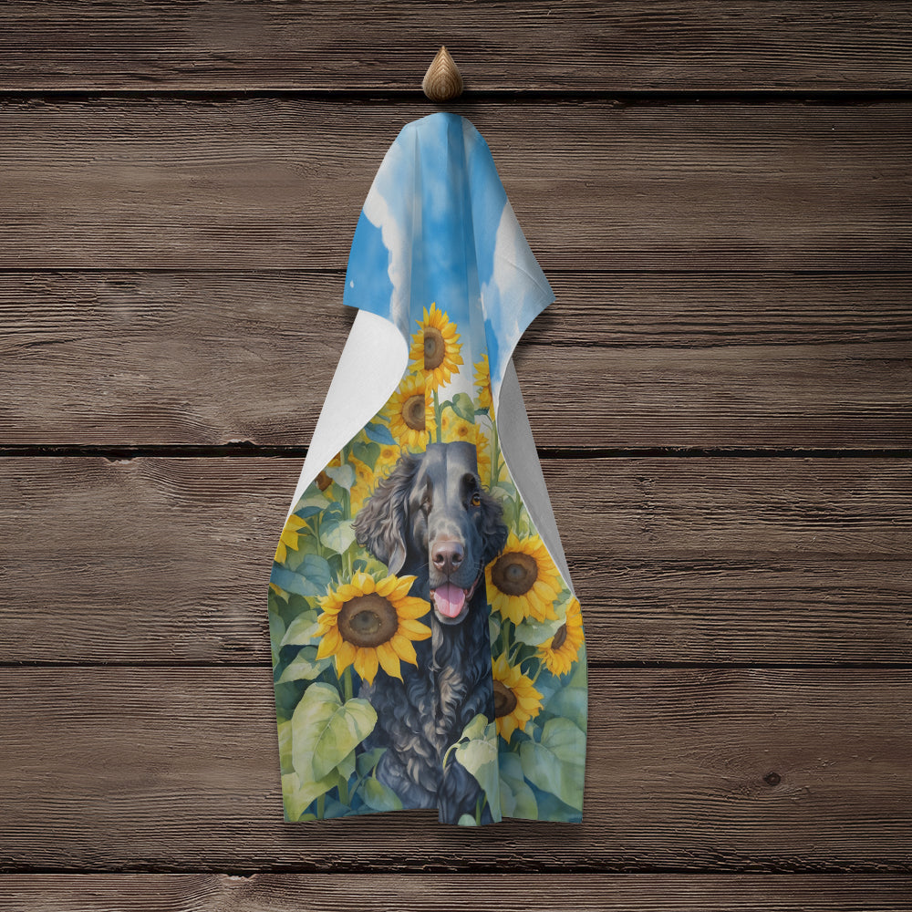 Curly-Coated Retriever in Sunflowers Kitchen Towel Velour Plush Front and Cotton Loop Back Machine Washable