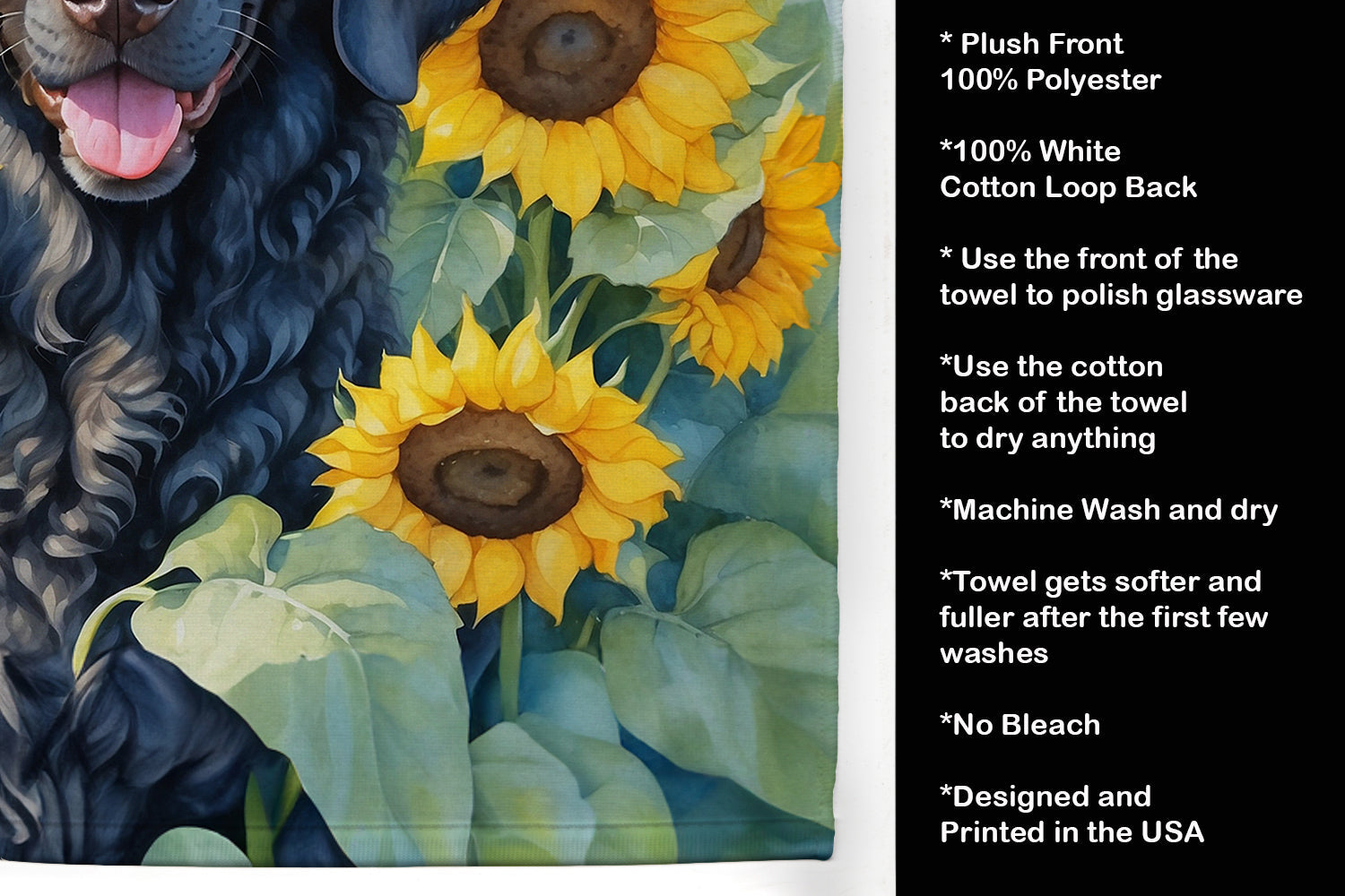 Curly-Coated Retriever in Sunflowers Kitchen Towel Velour Plush Front and Cotton Loop Back Machine Washable