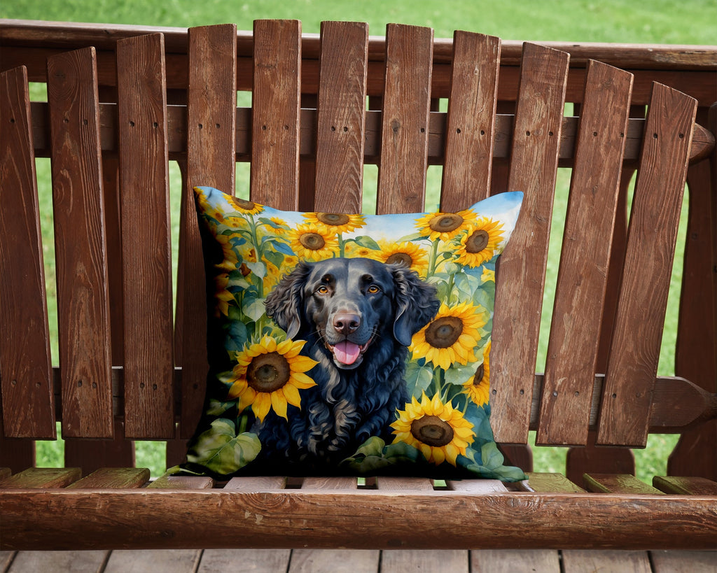 Curly-Coated Retriever in Sunflowers Decorative Throw Pillow 14x14 Indoor Outdoor Accent Cushion, Fabric Cover with Insert for Sofa, Bed, Porch & Living Room