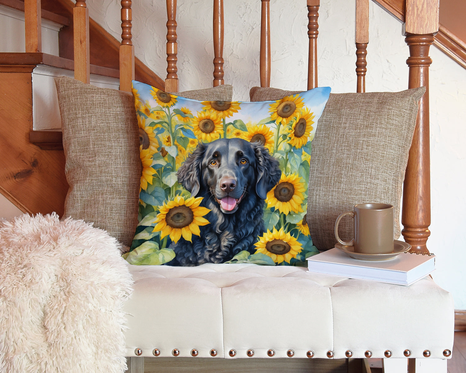 Curly-Coated Retriever in Sunflowers Decorative Throw Pillow 14x14 Indoor Outdoor Accent Cushion, Fabric Cover with Insert for Sofa, Bed, Porch & Living Room