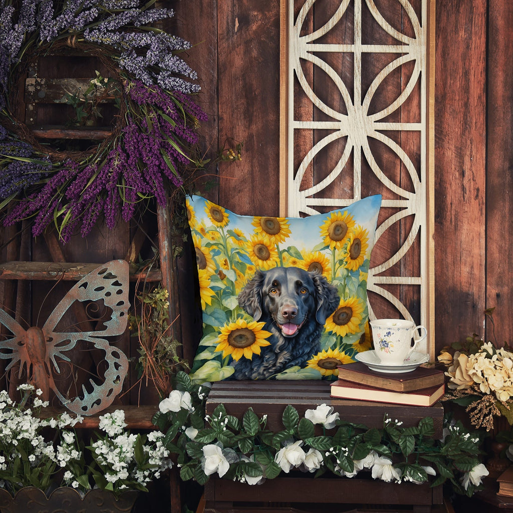 Curly-Coated Retriever in Sunflowers Decorative Throw Pillow 14x14 Indoor Outdoor Accent Cushion, Fabric Cover with Insert for Sofa, Bed, Porch & Living Room