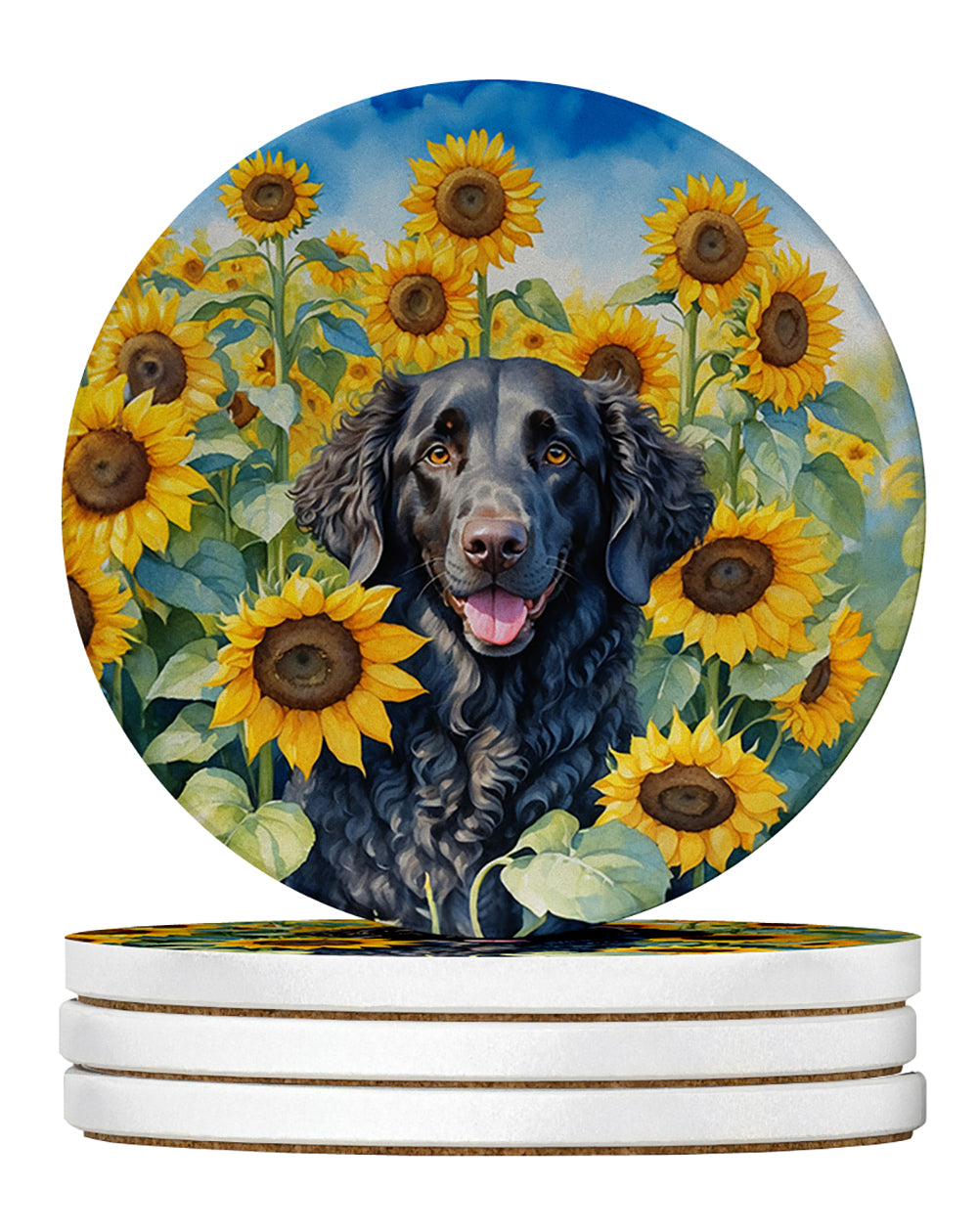 Curly-Coated Retriever in Sunflowers Large Sandstone Coasters Pack of 4 Absorbent Round Coasters Decor Gifts for Men or Women, 4 in, Multicolor