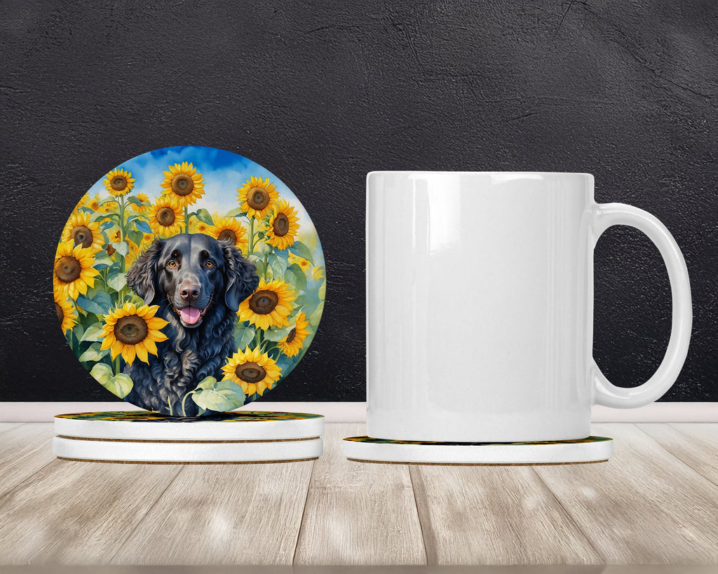 Curly-Coated Retriever in Sunflowers Large Sandstone Coasters Pack of 4 Absorbent Round Coasters Decor Gifts for Men or Women, 4 in, Multicolor