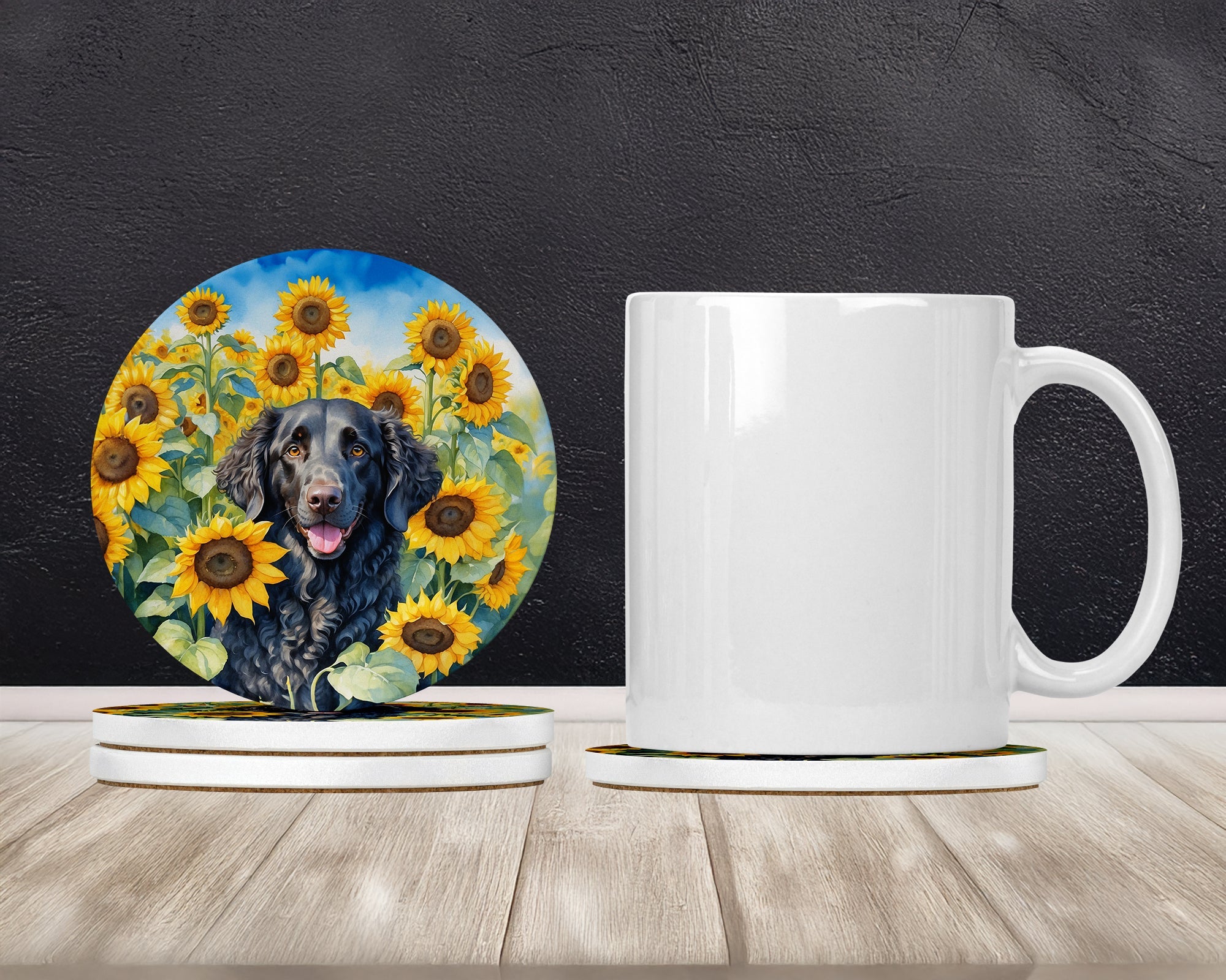 Curly-Coated Retriever in Sunflowers Large Sandstone Coasters Pack of 4 Absorbent Round Coasters Decor Gifts for Men or Women, 4 in, Multicolor