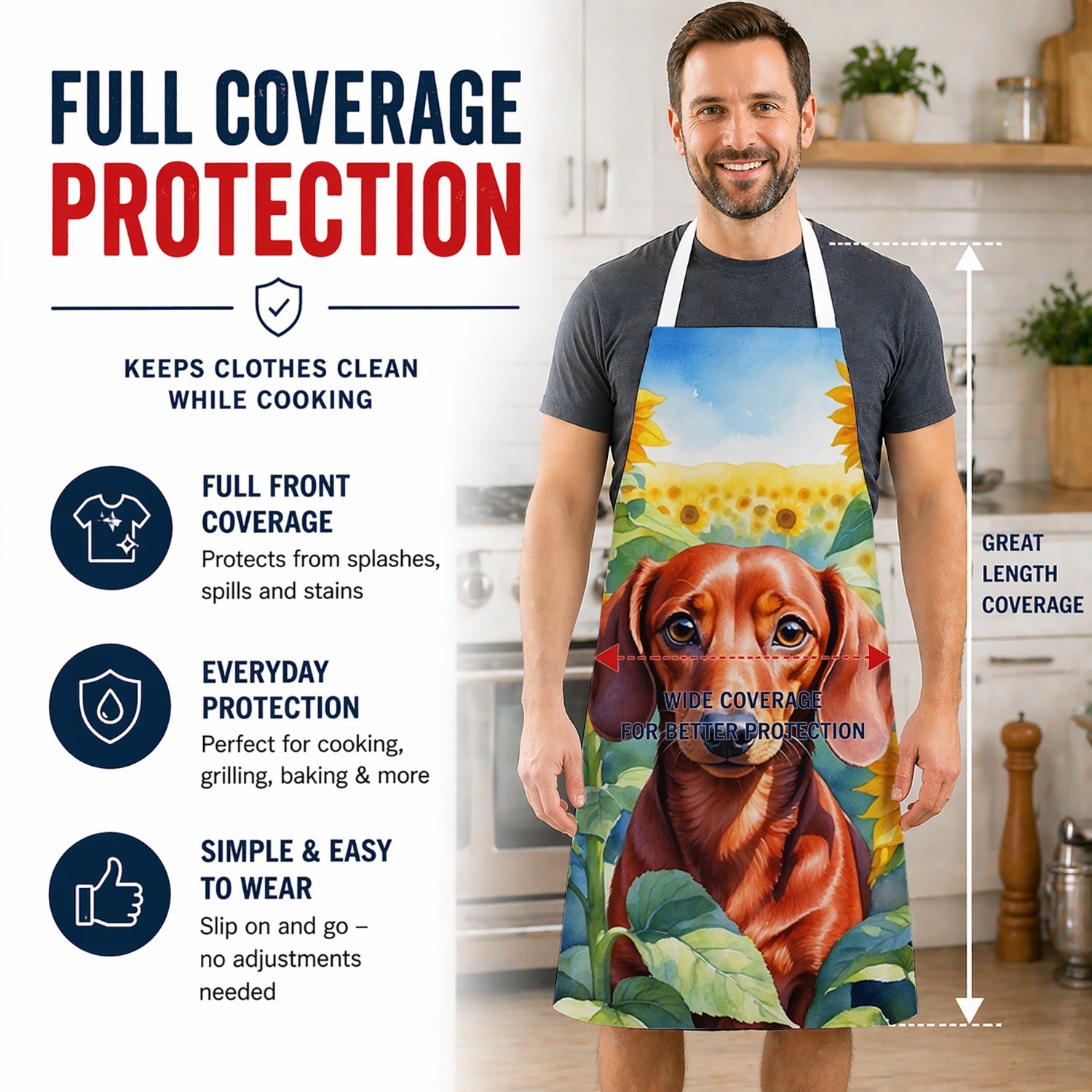 Dachshund in Sunflowers Apron Cooking Kitchen Server Baking Crafts Gardening for Adult Women Men, Unisex, Large, Multicolor