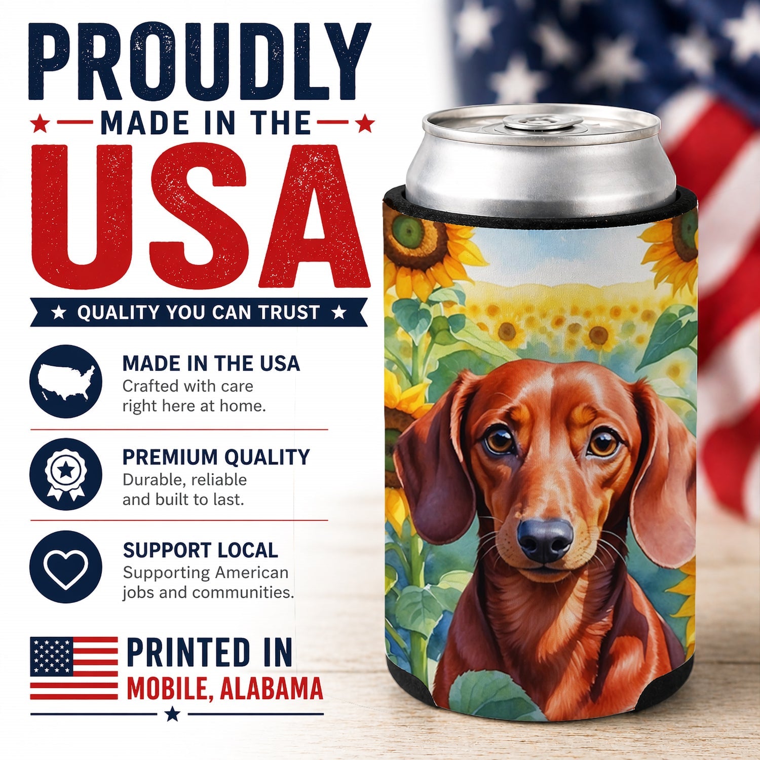 Dachshund in Sunflowers Can or Bottle Hugger Cooler Sleeve for Standard 12 oz Cans, Insulated Foam Beer & Soda Can Hugger Reusable