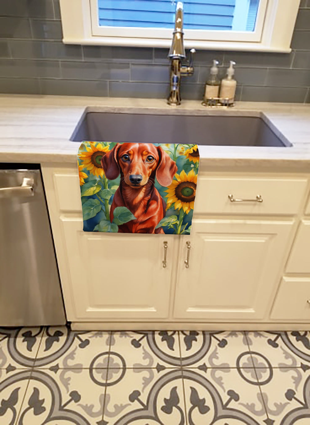 Dachshund in Sunflowers Kitchen Towel Velour Plush Front and Cotton Loop Back Machine Washable