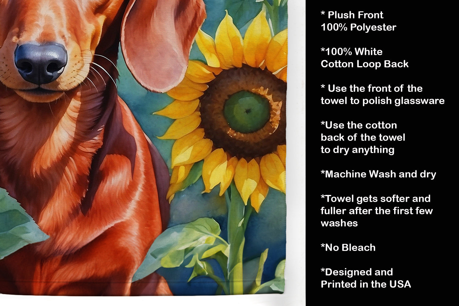 Dachshund in Sunflowers Kitchen Towel Velour Plush Front and Cotton Loop Back Machine Washable