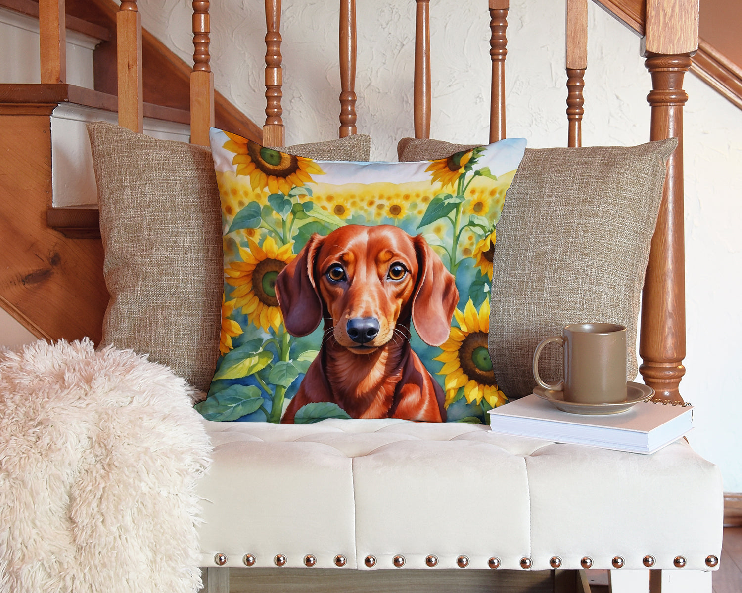 Dachshund in Sunflowers Decorative Throw Pillow 14x14 Indoor Outdoor Accent Cushion, Fabric Cover with Insert for Sofa, Bed, Porch & Living Room