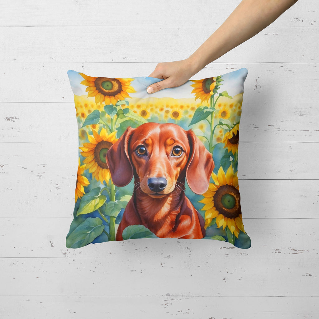Dachshund in Sunflowers Decorative Throw Pillow 18x18 Indoor Outdoor Accent Cushion, Fabric Cover with Insert for Sofa, Bed, Porch & Living Room