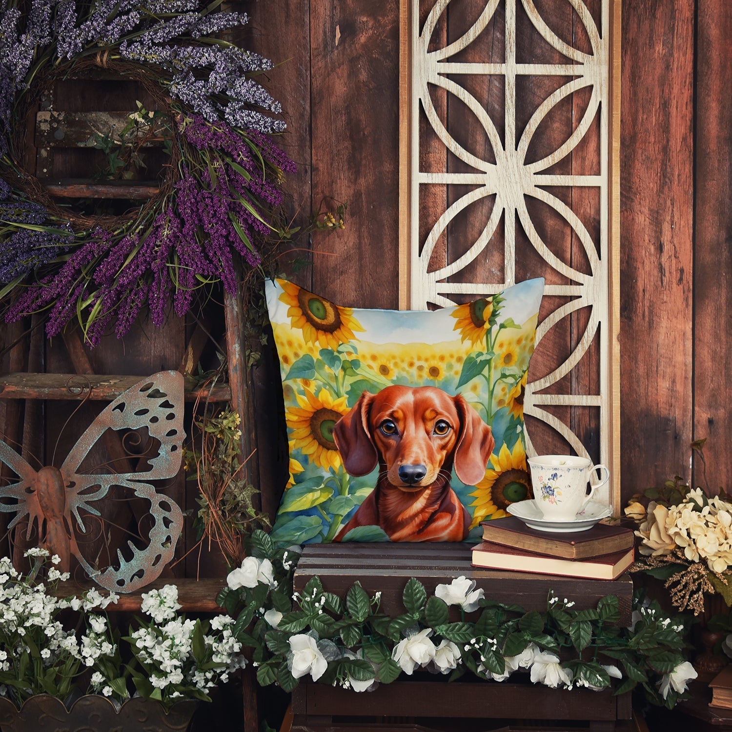 Dachshund in Sunflowers Decorative Throw Pillow 18x18 Indoor Outdoor Accent Cushion, Fabric Cover with Insert for Sofa, Bed, Porch & Living Room