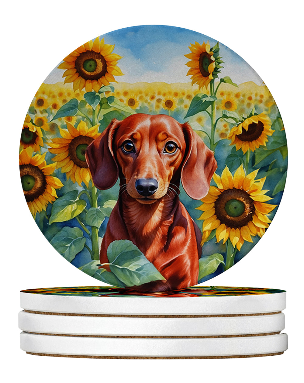 Dachshund in Sunflowers Large Sandstone Coasters Pack of 4 Absorbent Round Coasters Decor Gifts for Men or Women, 4 in, Multicolor