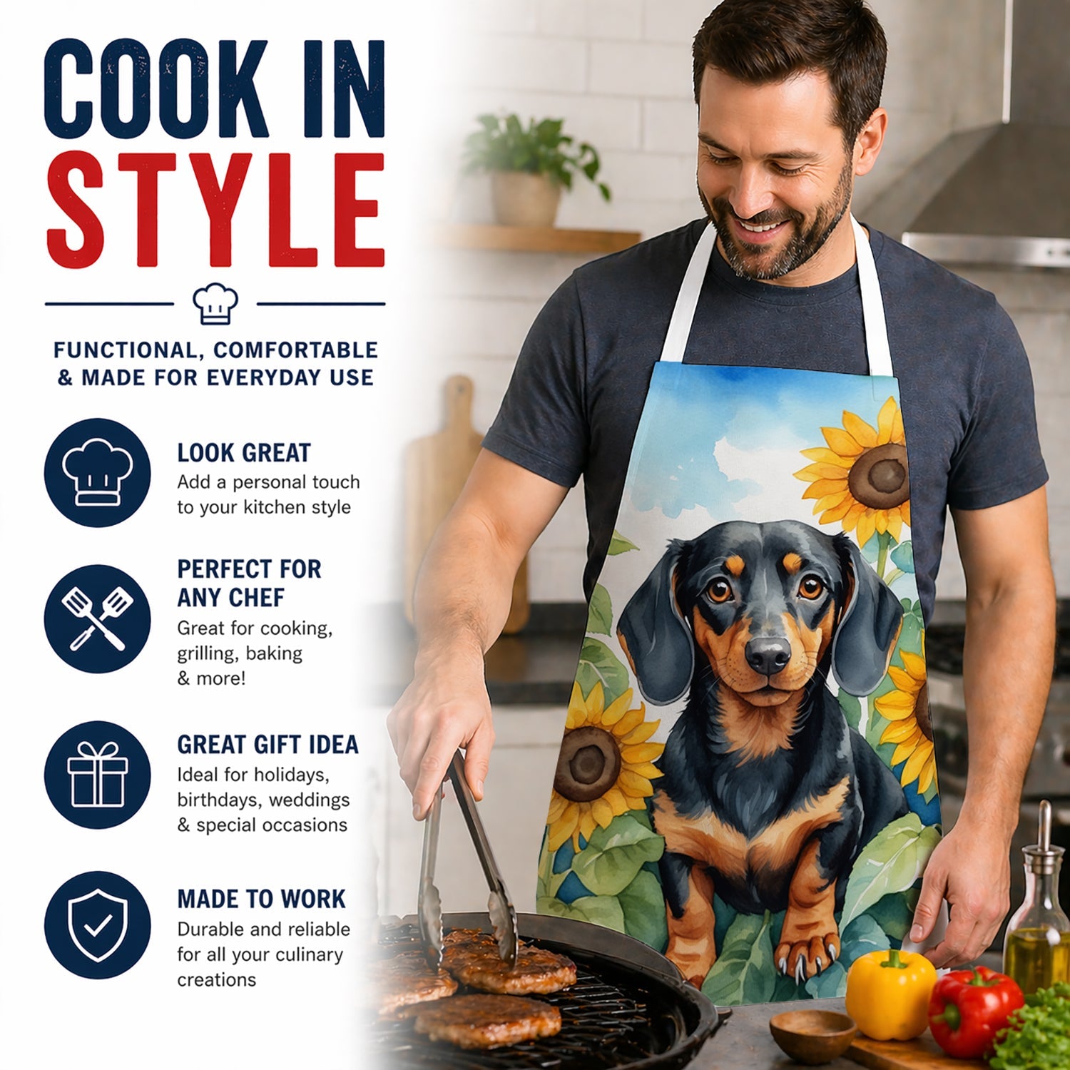 Dachshund in Sunflowers Apron Cooking Kitchen Server Baking Crafts Gardening for Adult Women Men, Unisex, Large, Multicolor