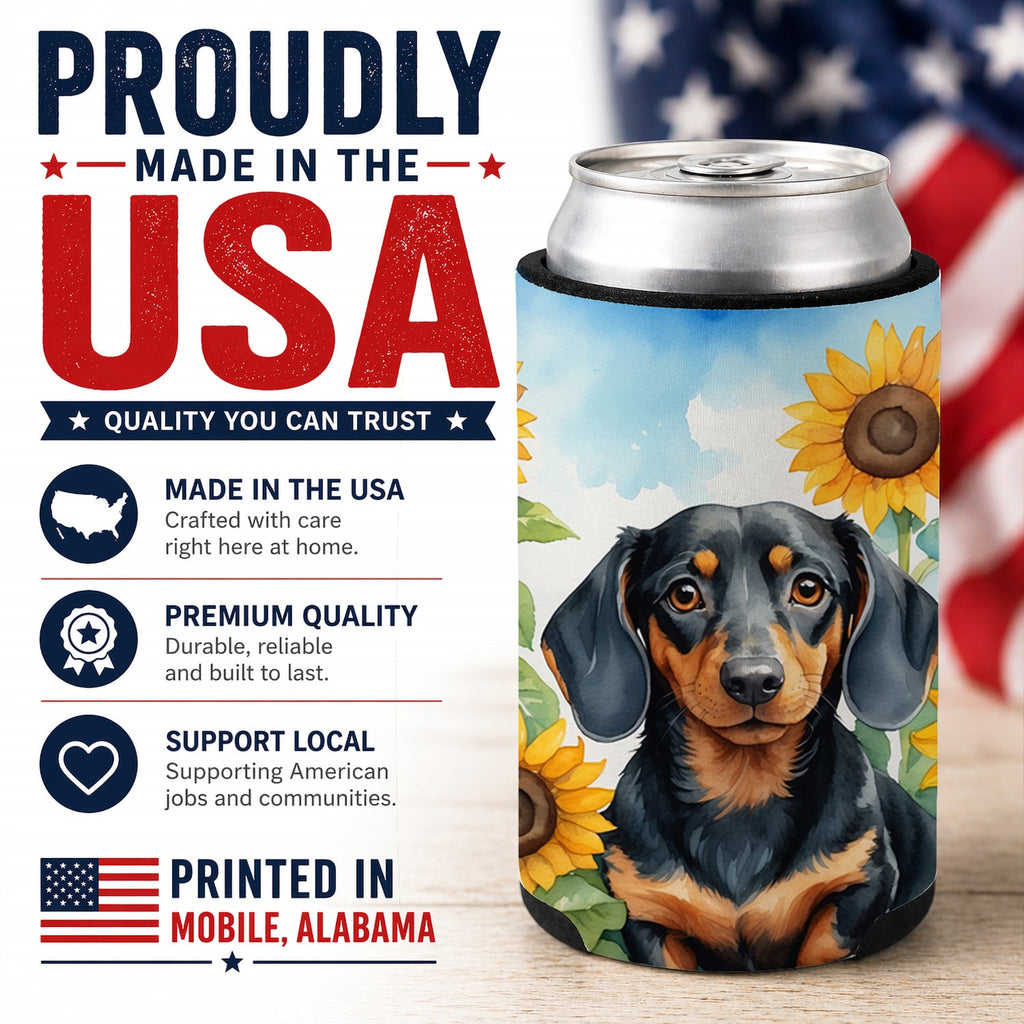 Dachshund in Sunflowers Can or Bottle Hugger Cooler Sleeve for Standard 12 oz Cans, Insulated Foam Beer & Soda Can Hugger Reusable