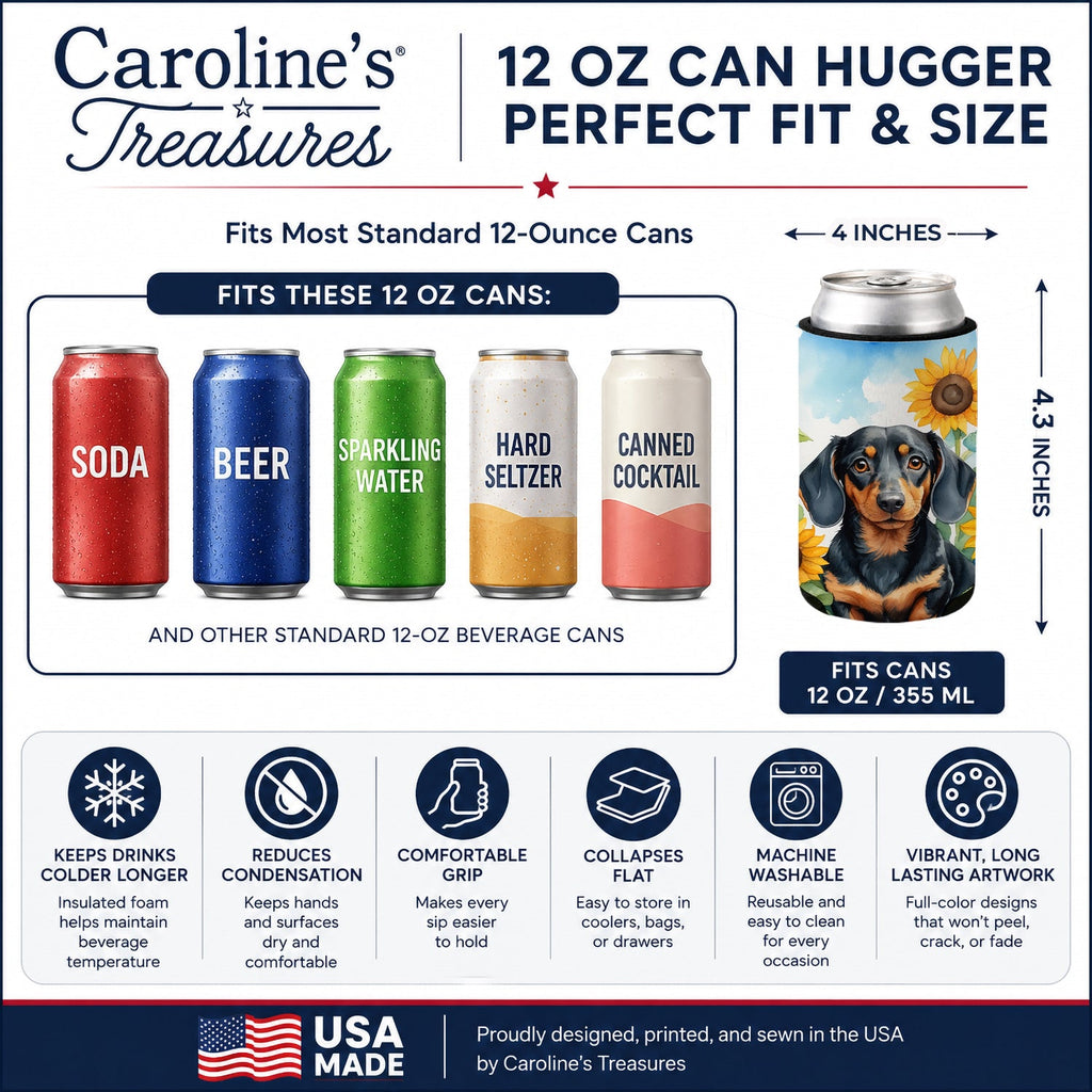 Dachshund in Sunflowers Can or Bottle Hugger Cooler Sleeve for Standard 12 oz Cans, Insulated Foam Beer & Soda Can Hugger Reusable