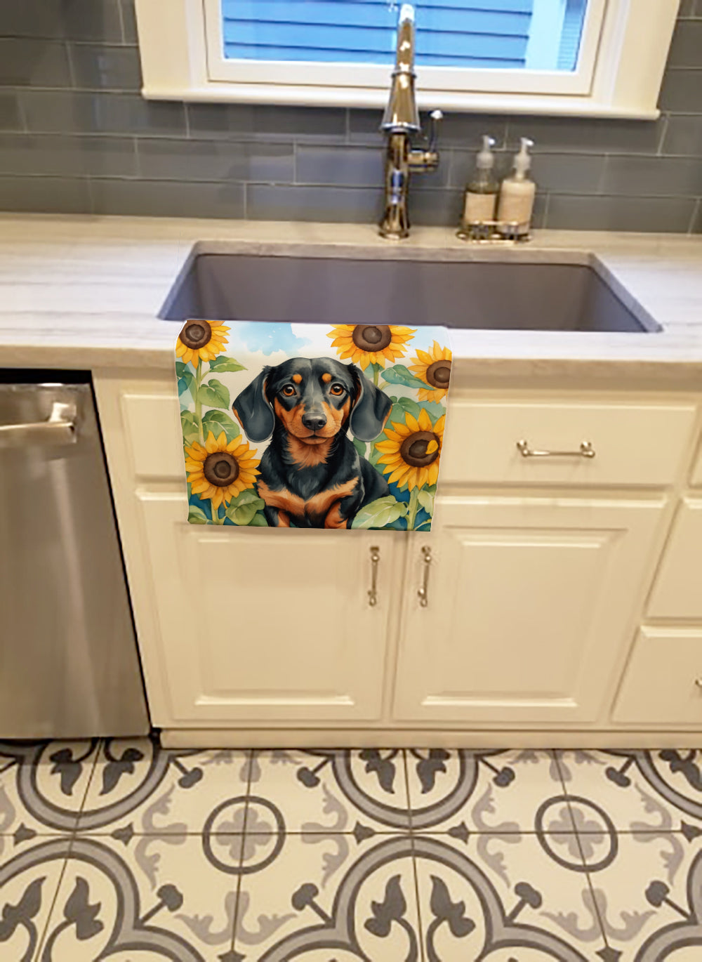 Dachshund in Sunflowers Kitchen Towel Velour Plush Front and Cotton Loop Back Machine Washable