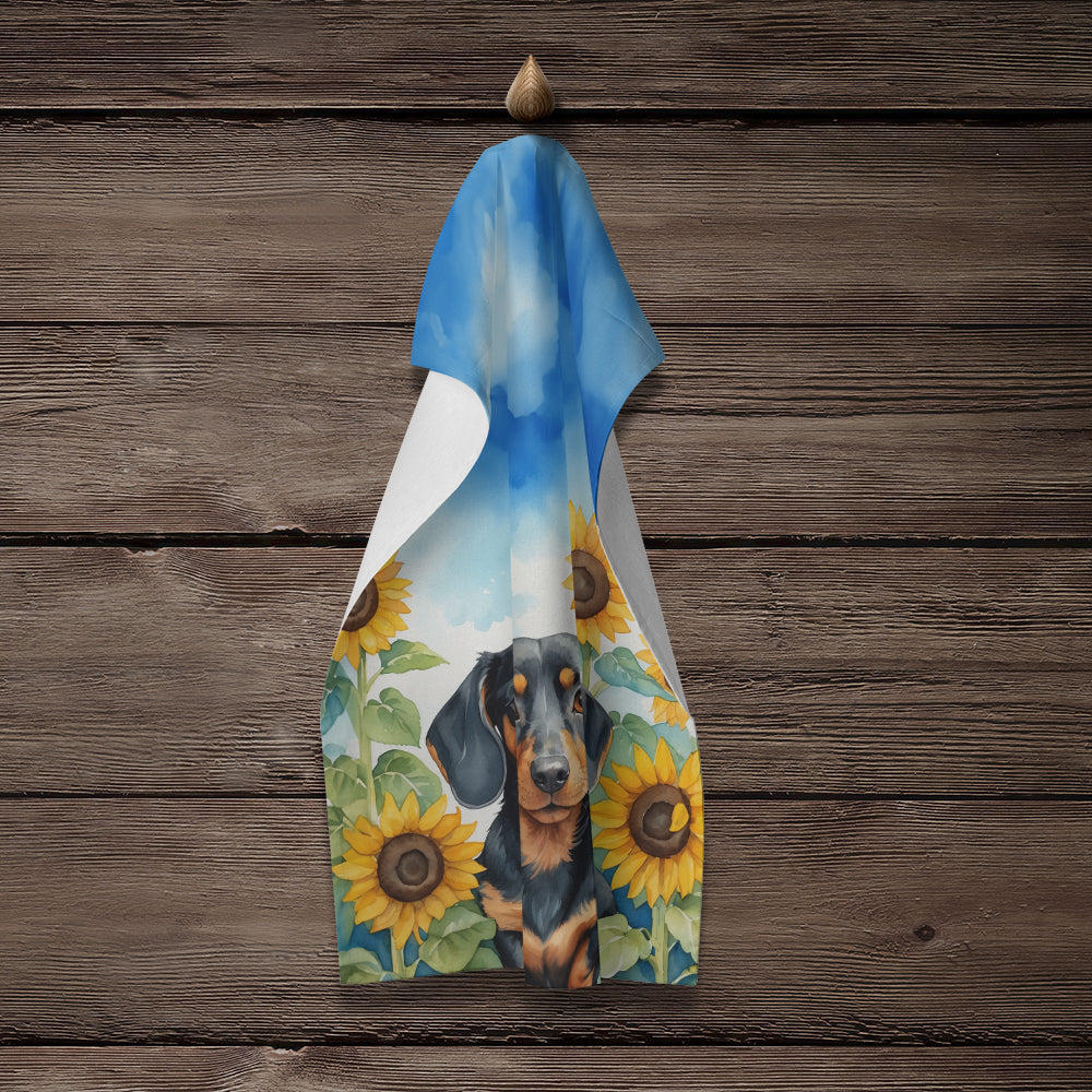 Dachshund in Sunflowers Kitchen Towel Velour Plush Front and Cotton Loop Back Machine Washable