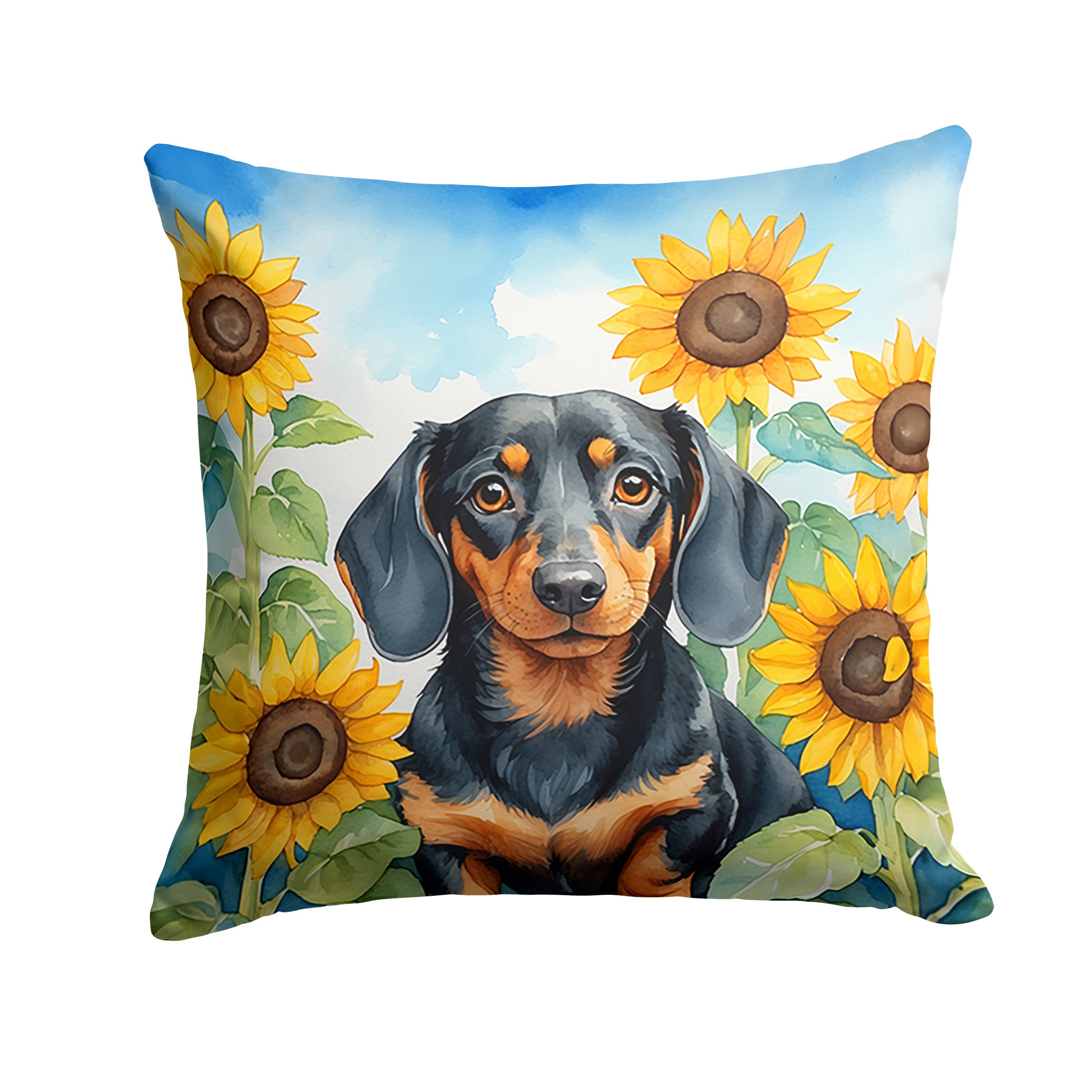 Dachshund in Sunflowers Decorative Throw Pillow 18x18 Indoor Outdoor Accent Cushion, Fabric Cover with Insert for Sofa, Bed, Porch & Living Room