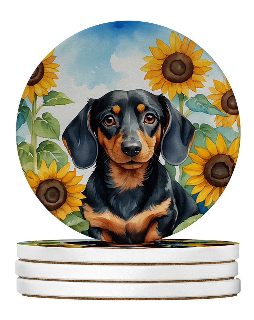 Dachshund in Sunflowers Large Sandstone Coasters Pack of 4 Absorbent Round Coasters Decor Gifts for Men or Women, 4 in, Multicolor