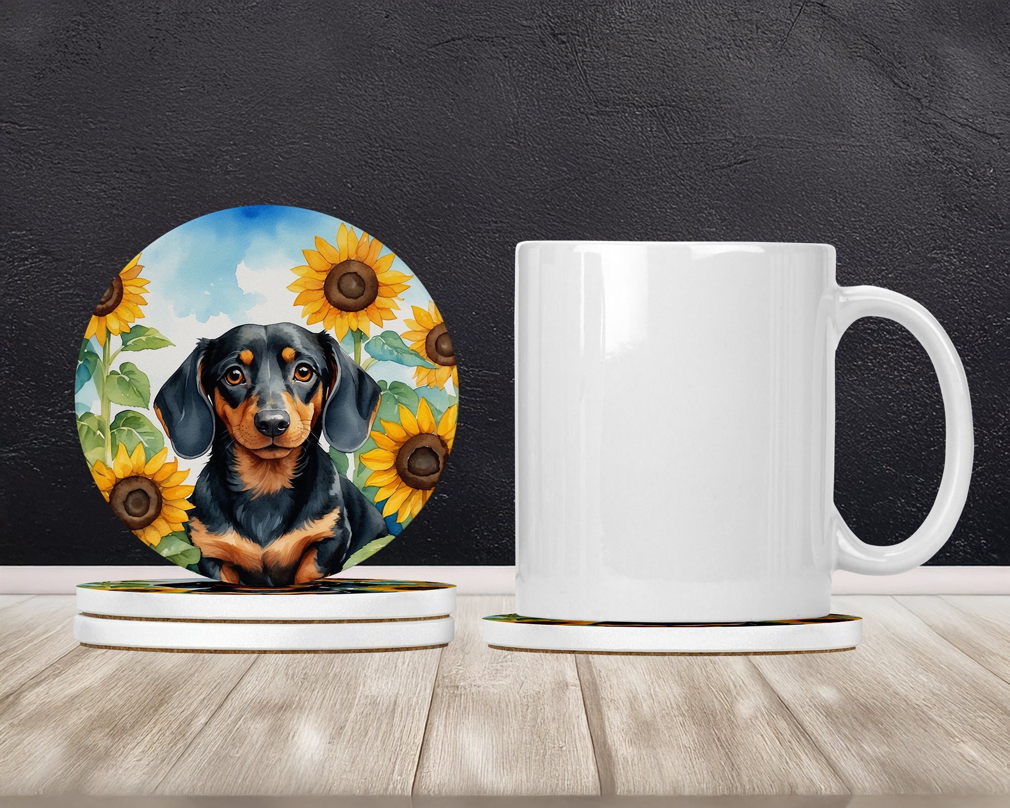Dachshund in Sunflowers Large Sandstone Coasters Pack of 4 Absorbent Round Coasters Decor Gifts for Men or Women, 4 in, Multicolor