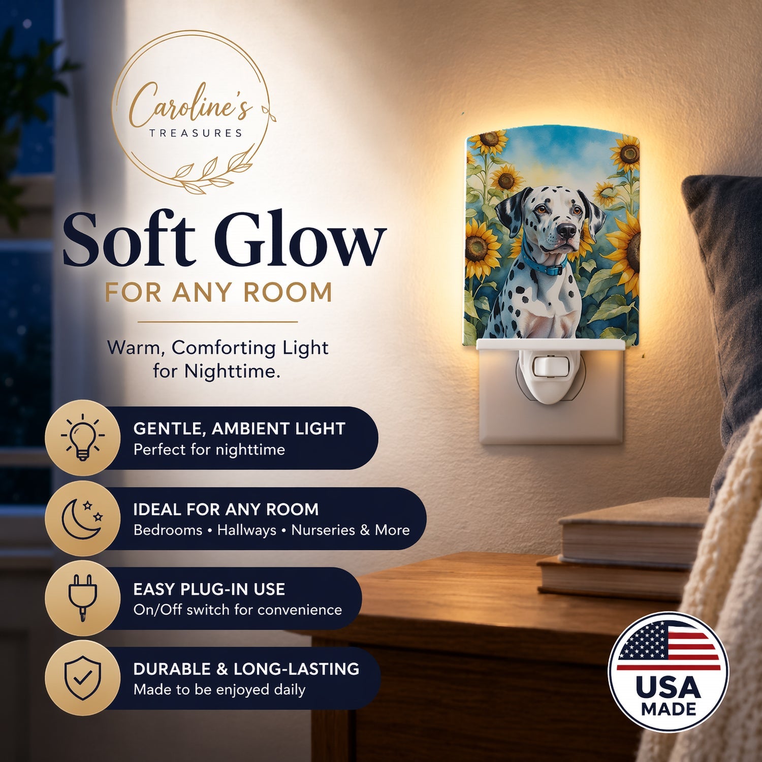 Dalmatian in Sunflowers Ceramic Night Light Compact, UL-Certified, Ideal for Bedroom, Bathroom, Nursery, Hallway, Kitchen, 6x4x3, Multicolor