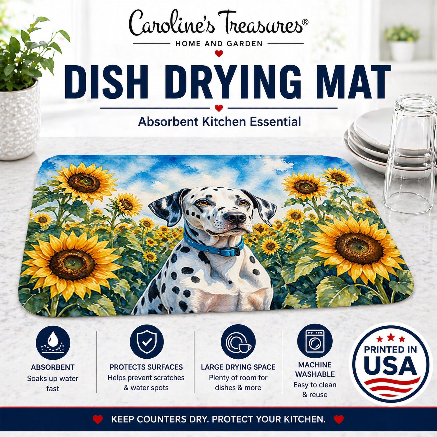 Dalmatian in Sunflowers Dish Drying Mat Absorbent Dish Drying Mat Pad for Kitchen Counter Dish Drainer Mat for Countertop, 14 x 21", Multicolor