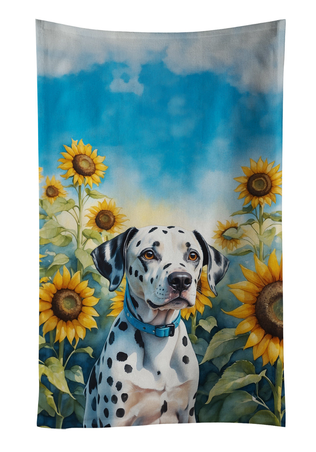 Dalmatian in Sunflowers Kitchen Towel Velour Plush Front and Cotton Loop Back Machine Washable