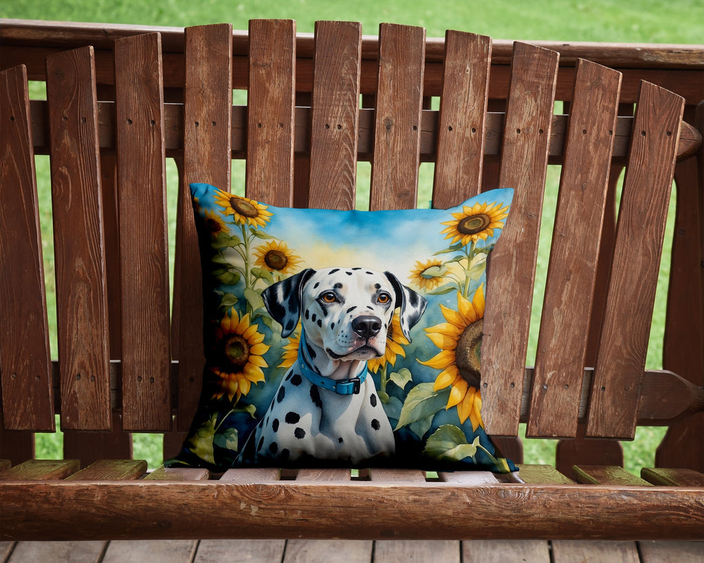 Dalmatian in Sunflowers Decorative Throw Pillow 14x14 Indoor Outdoor Accent Cushion, Fabric Cover with Insert for Sofa, Bed, Porch & Living Room