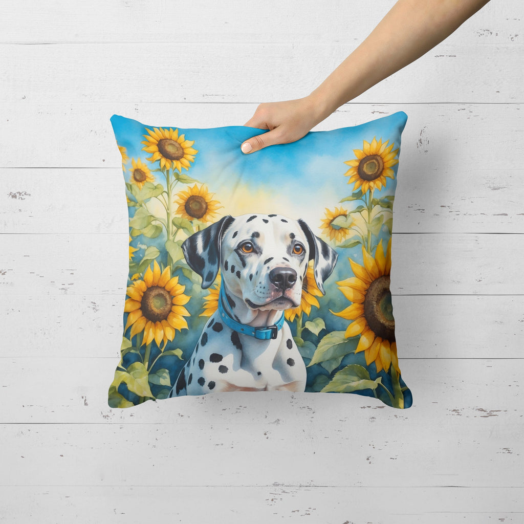 Dalmatian in Sunflowers Decorative Throw Pillow 18x18 Indoor Outdoor Accent Cushion, Fabric Cover with Insert for Sofa, Bed, Porch & Living Room