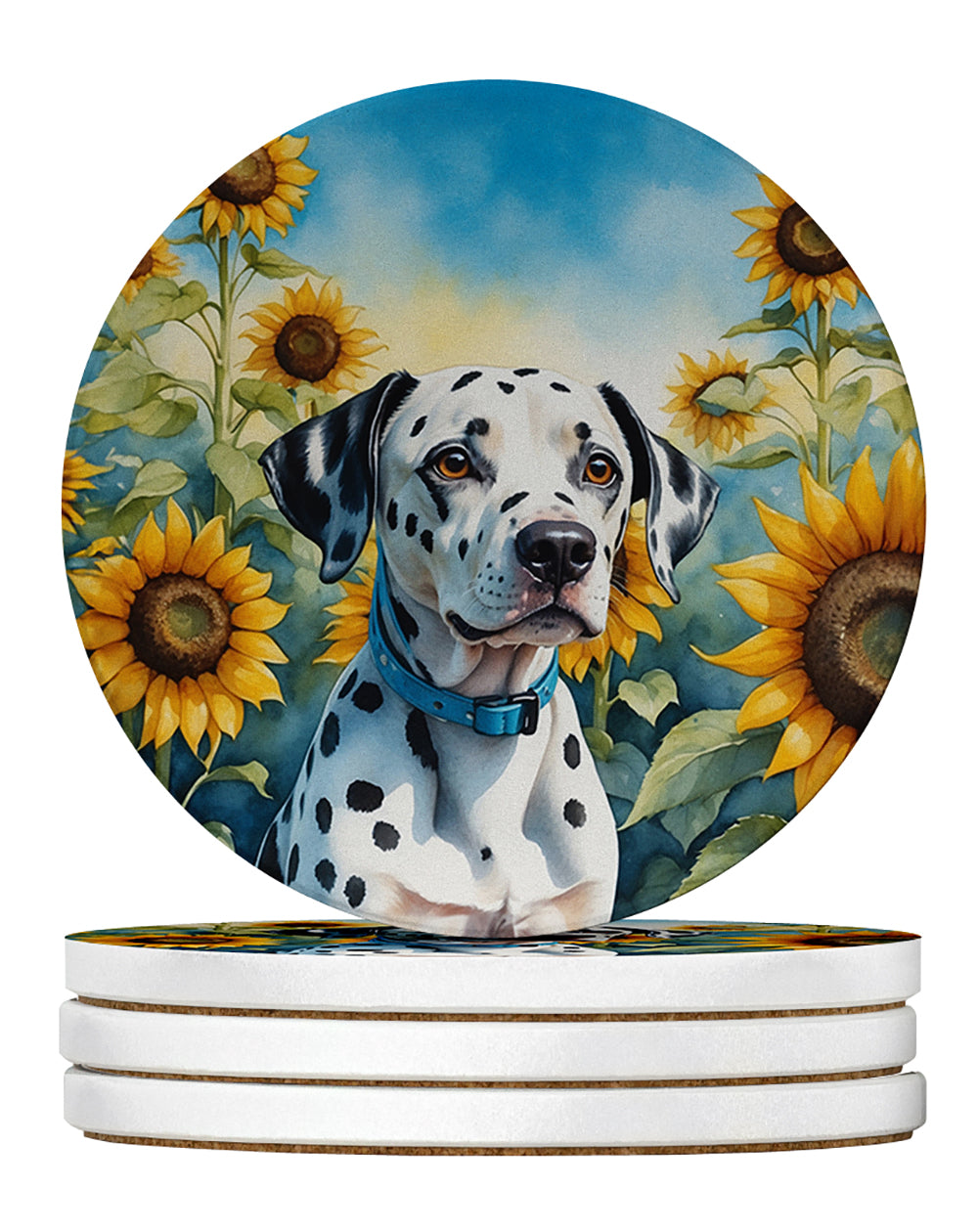Dalmatian in Sunflowers Large Sandstone Coasters Pack of 4 Absorbent Round Coasters Decor Gifts for Men or Women, 4 in, Multicolor