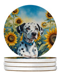 Dalmatian in Sunflowers Large Sandstone Coasters Pack of 4 Absorbent Round Coasters Decor Gifts for Men or Women, 4 in, Multicolor