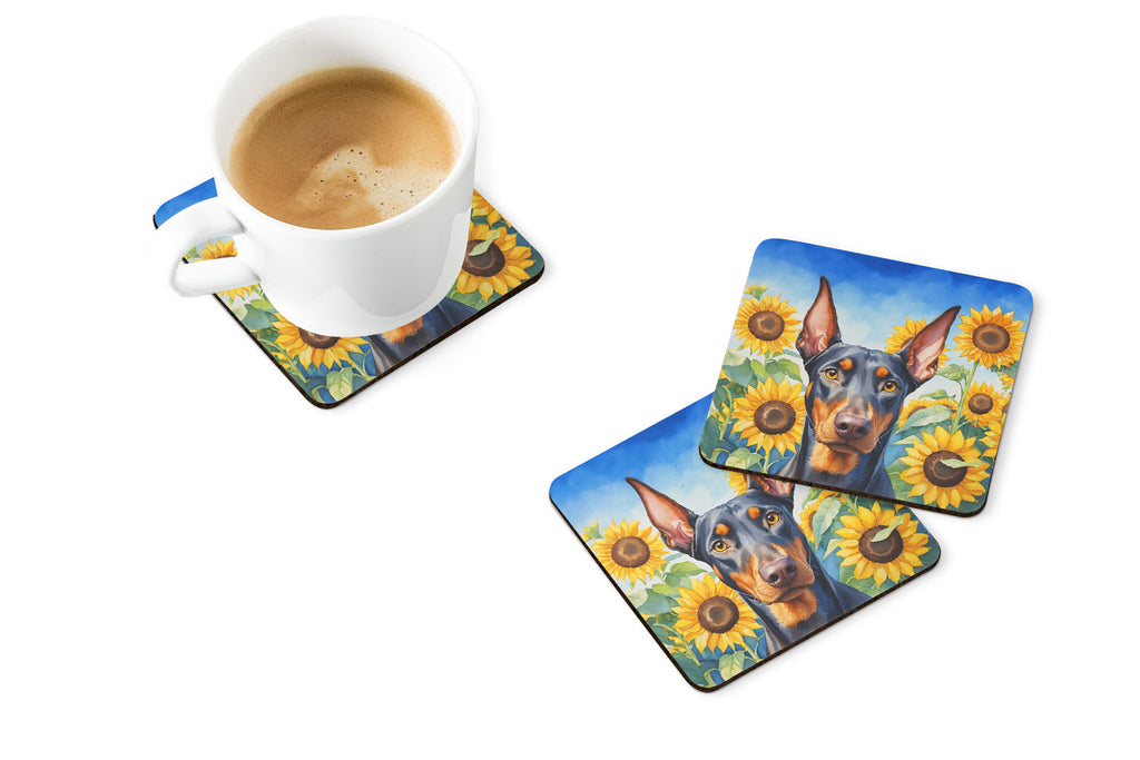 Doberman Pinscher in Sunflowers Foam Coasters Set of 4 Cup Coasters for Indoor Outdoor, Tabletop Protection, Anti Slip, Mouse pad Material