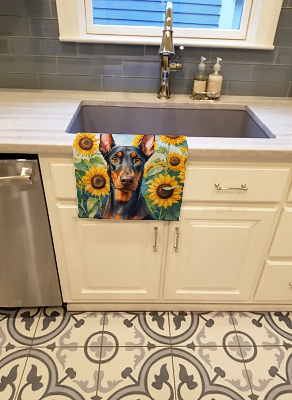 Doberman Pinscher in Sunflowers Kitchen Towel Velour Plush Front and Cotton Loop Back Machine Washable