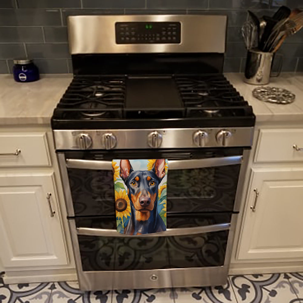 Doberman Pinscher in Sunflowers Kitchen Towel Velour Plush Front and Cotton Loop Back Machine Washable