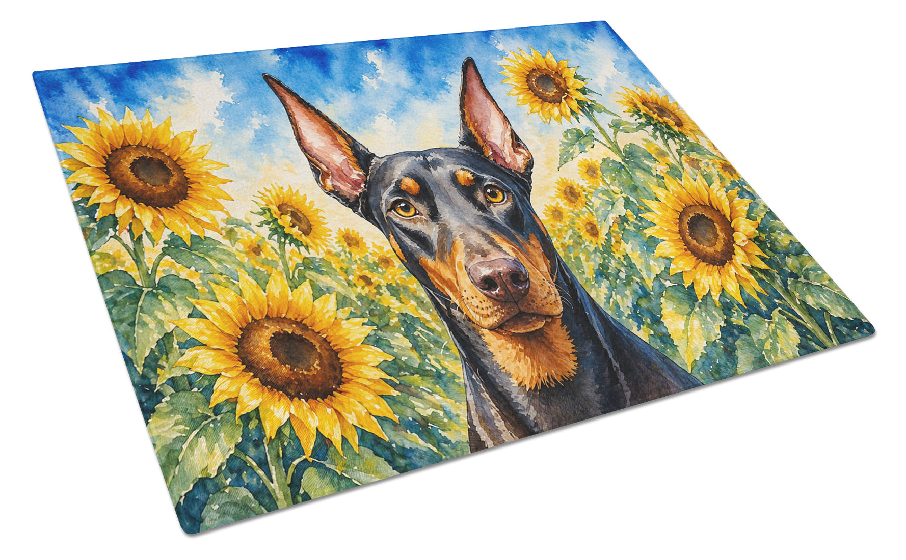 Doberman Pinscher in Sunflowers Cutting Board Tempered Glass Kitchen Cutting Surface, Heat Resistant Chopping Board with Non-Slip Feet, Decorative Food Prep & Serving
