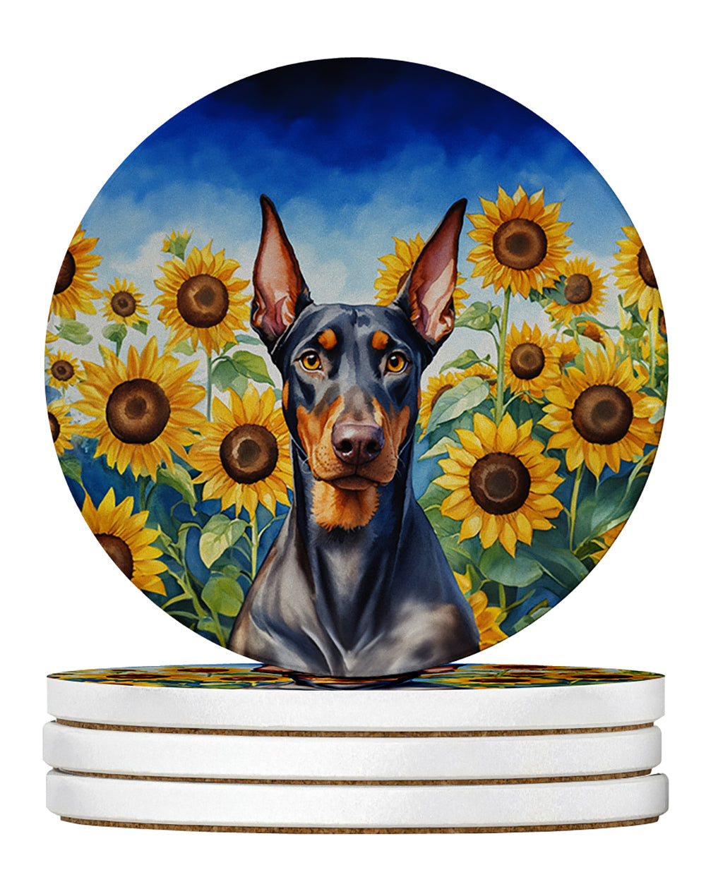 Doberman Pinscher in Sunflowers Large Sandstone Coasters Pack of 4 Absorbent Round Coasters Decor Gifts for Men or Women, 4 in, Multicolor