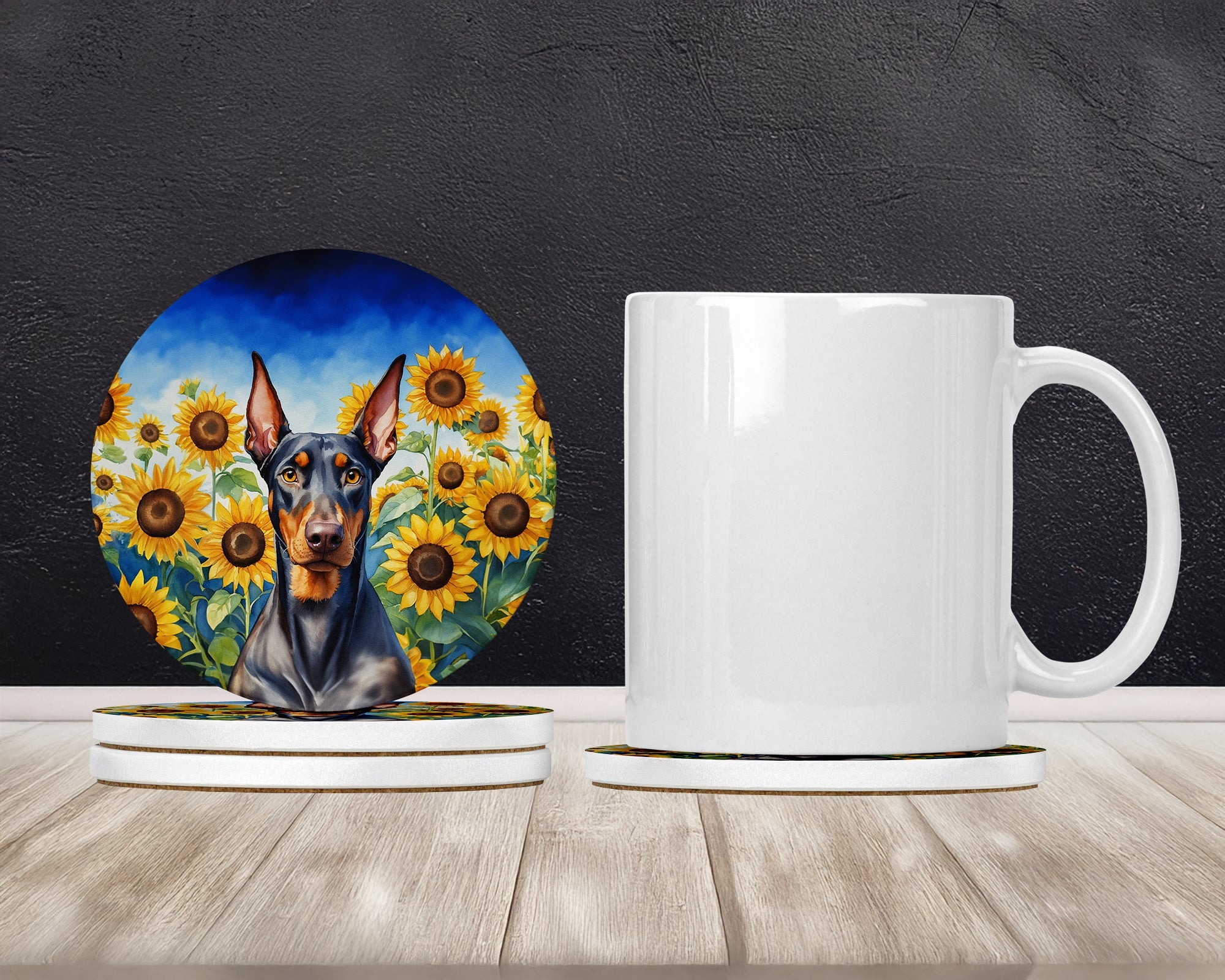Doberman Pinscher in Sunflowers Large Sandstone Coasters Pack of 4 Absorbent Round Coasters Decor Gifts for Men or Women, 4 in, Multicolor