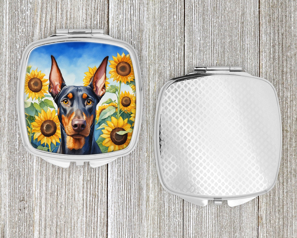 Doberman Pinscher in Sunflowers Compact Mirror Decorative Travel Makeup Mirror for Women Girls Gifts Pocket Makeup Mirror Folding Handheld