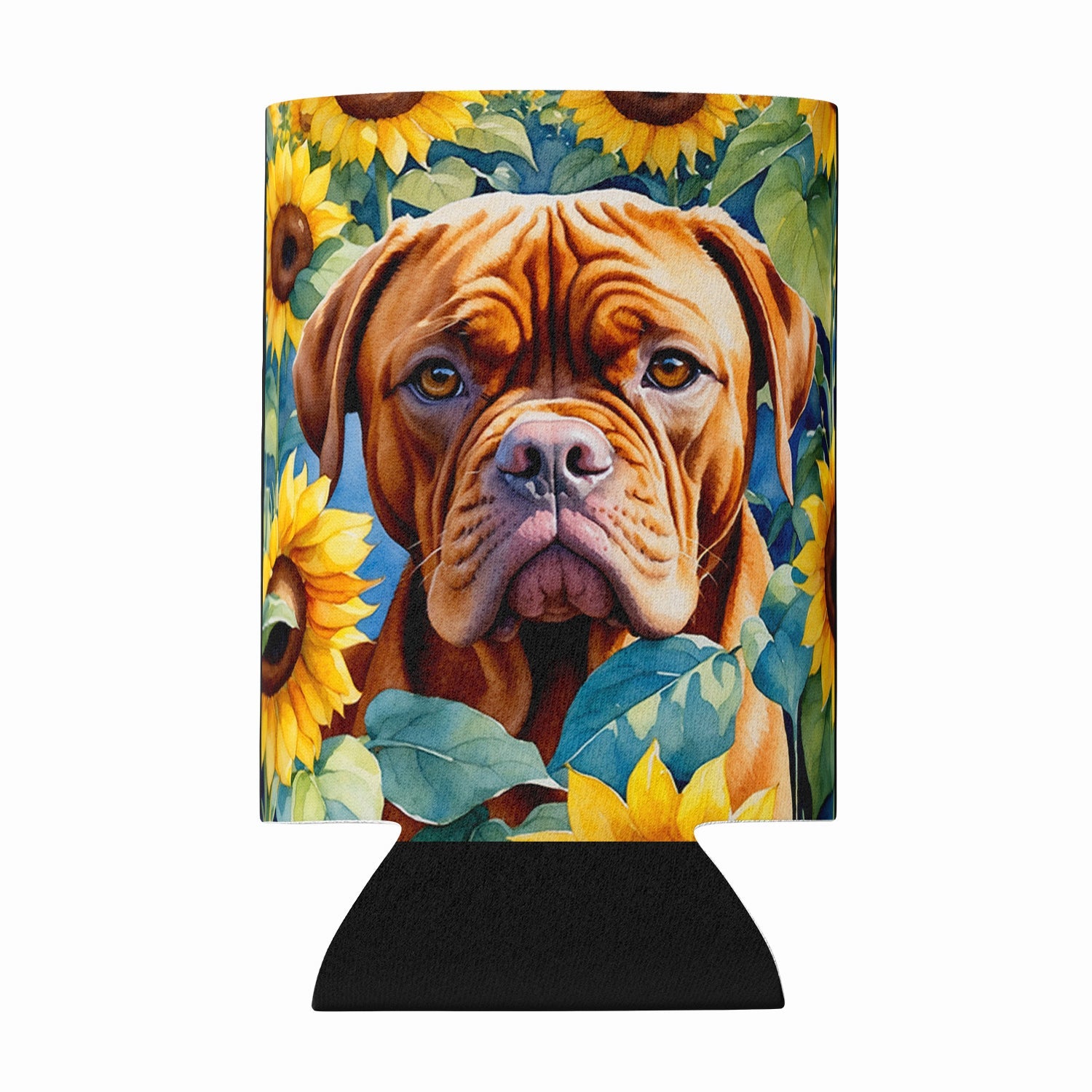 Dogue de Bordeaux in Sunflowers Can or Bottle Hugger Cooler Sleeve for Standard 12 oz Cans, Insulated Foam Beer & Soda Can Hugger Reusable
