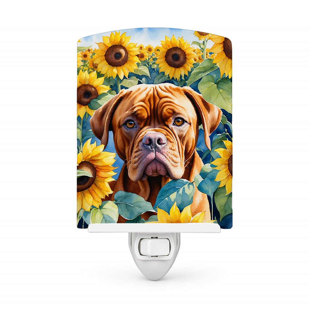 Dogue de Bordeaux in Sunflowers Ceramic Night Light Compact, UL-Certified, Ideal for Bedroom, Bathroom, Nursery, Hallway, Kitchen, 6x4x3, Multicolor