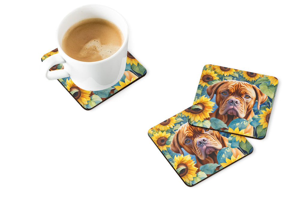 Dogue de Bordeaux in Sunflowers Foam Coasters Set of 4 Cup Coasters for Indoor Outdoor, Tabletop Protection, Anti Slip, Mouse pad Material